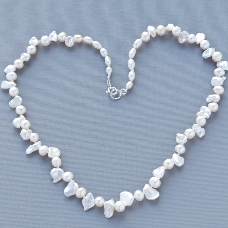 White Real Keishi Pearl Necklace Hand Knotted Pure Silk Thread 925 Silver Clasp