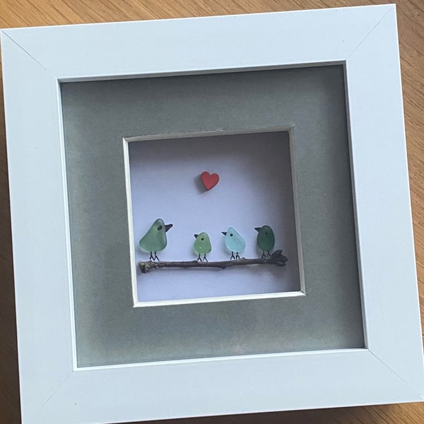 Sea Glass Birds on a Branch, Sea Glass Gift for Mom, Handmade Gift for Mum, Fami