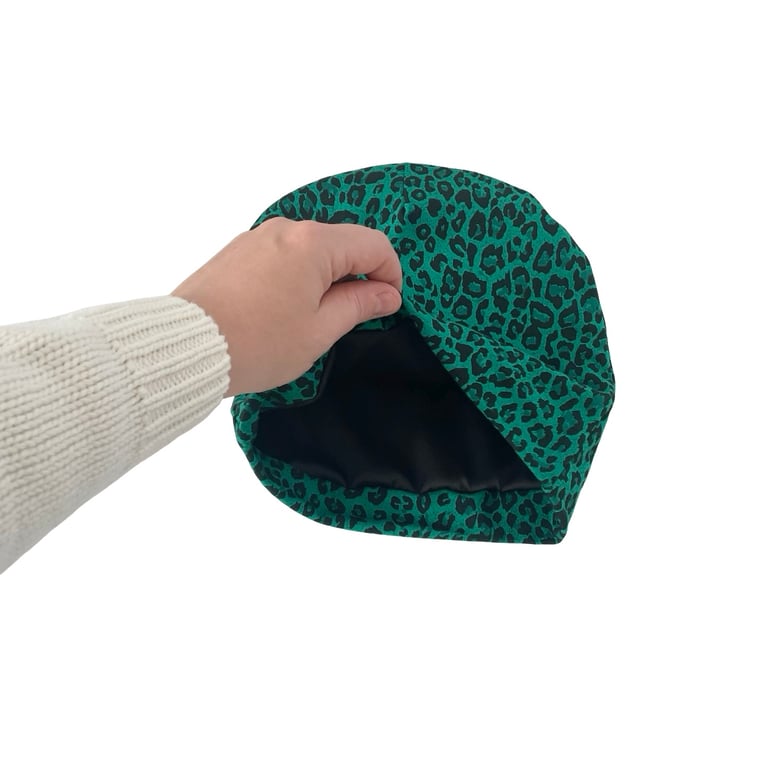 Green satin lined hat, Leopard slouchy beanie hat, Cotton chemo hair loss beanie