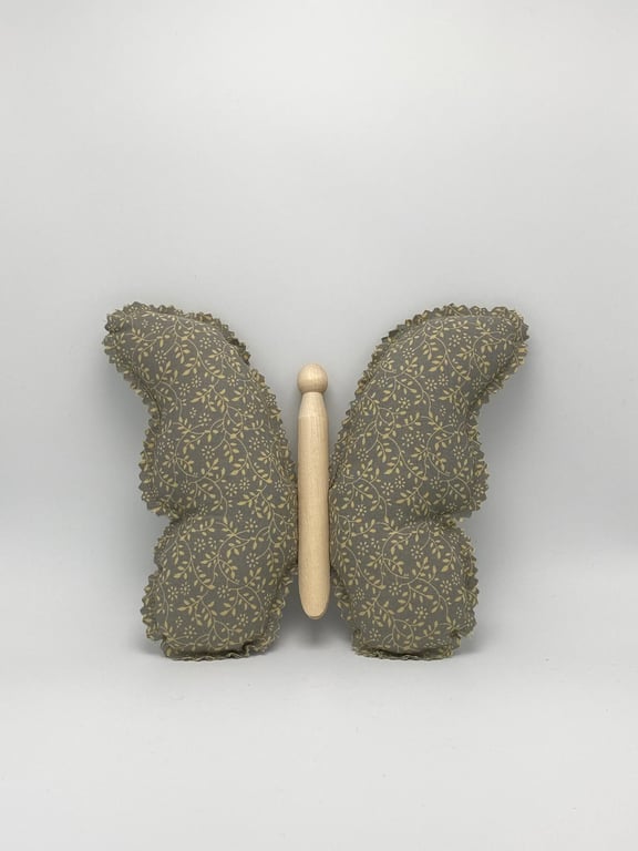 Hanging Clothespin Butterfly Olive Green Floral Cotton Fabric Shabby Farmhouse 