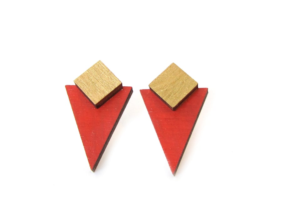 Terracotta Triangle and Gold Square Geometric Wooden Stud Earrings