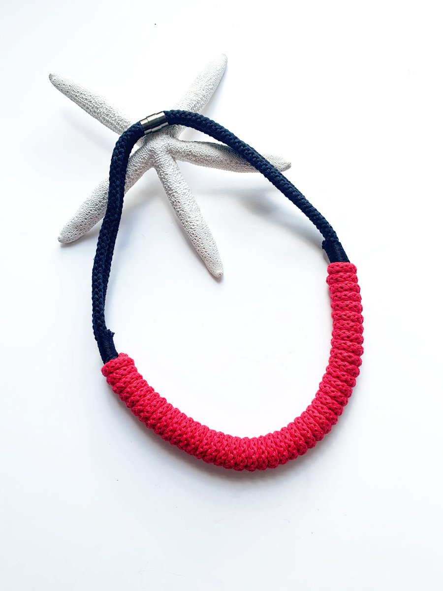 Bright red statement necklace, Long cotton rope jewelry, Festive Jewellery