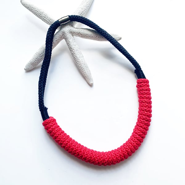 Bright red statement necklace, Long cotton rope jewelry, Festive Jewellery