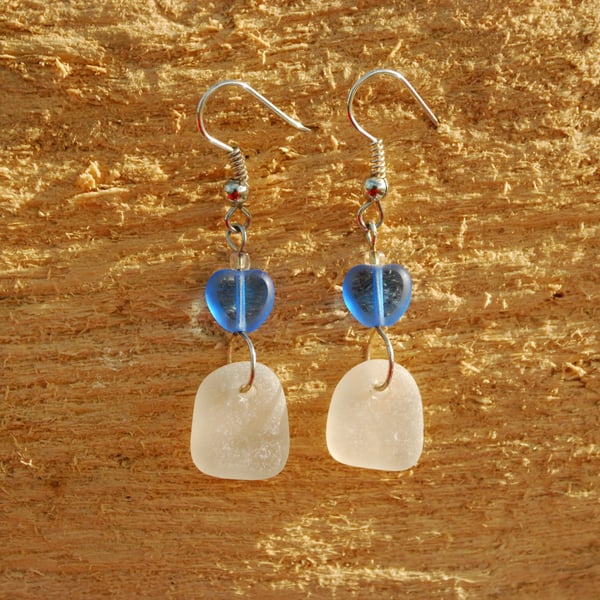Sea glass earrings with little blue hearts