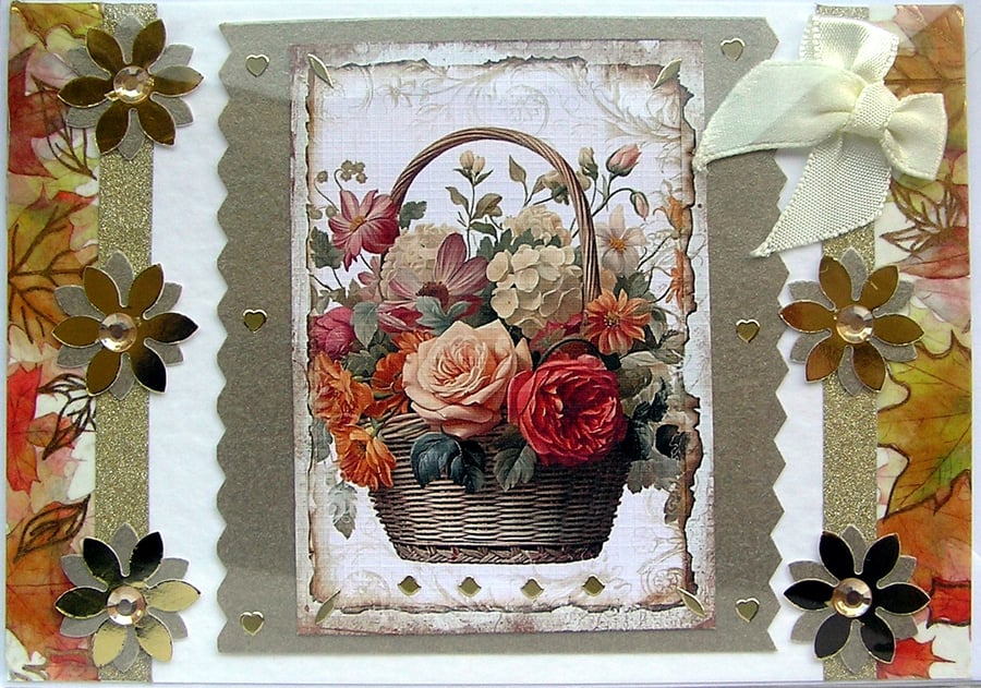 Orange Flowers Hand Crafted Decoupage Card - Blank for any Occasion (2571)
