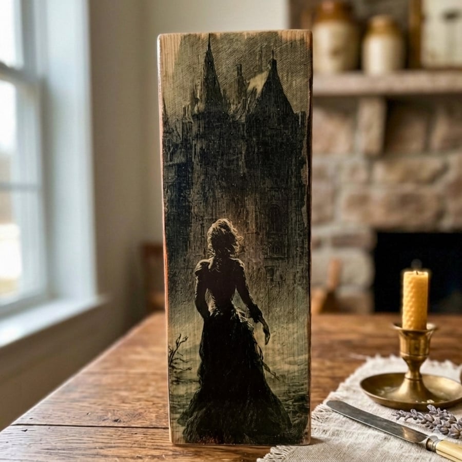 Haunted Mansion, Dark Academia Decor, Whimsigoth Wood Block, Photo Transfer Art