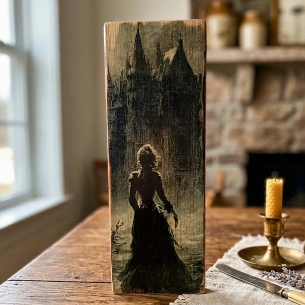 Haunted Mansion, Dark Academia Decor, Whimsigoth Wood Block, Photo Transfer Art