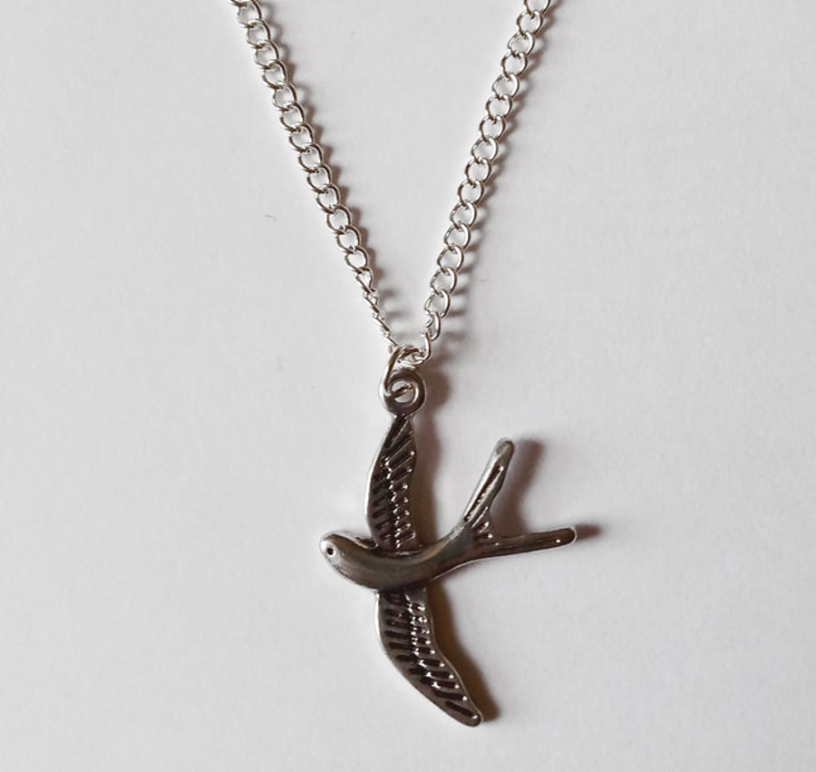 Swallow Bird Boho Necklace Silver Plate 