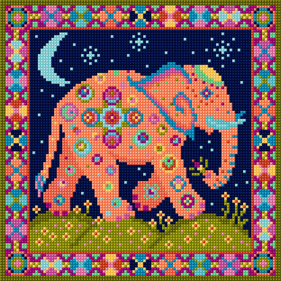 Elephant ephant Moon, Tapestry Kit, Needlepoint, Cross Stitch