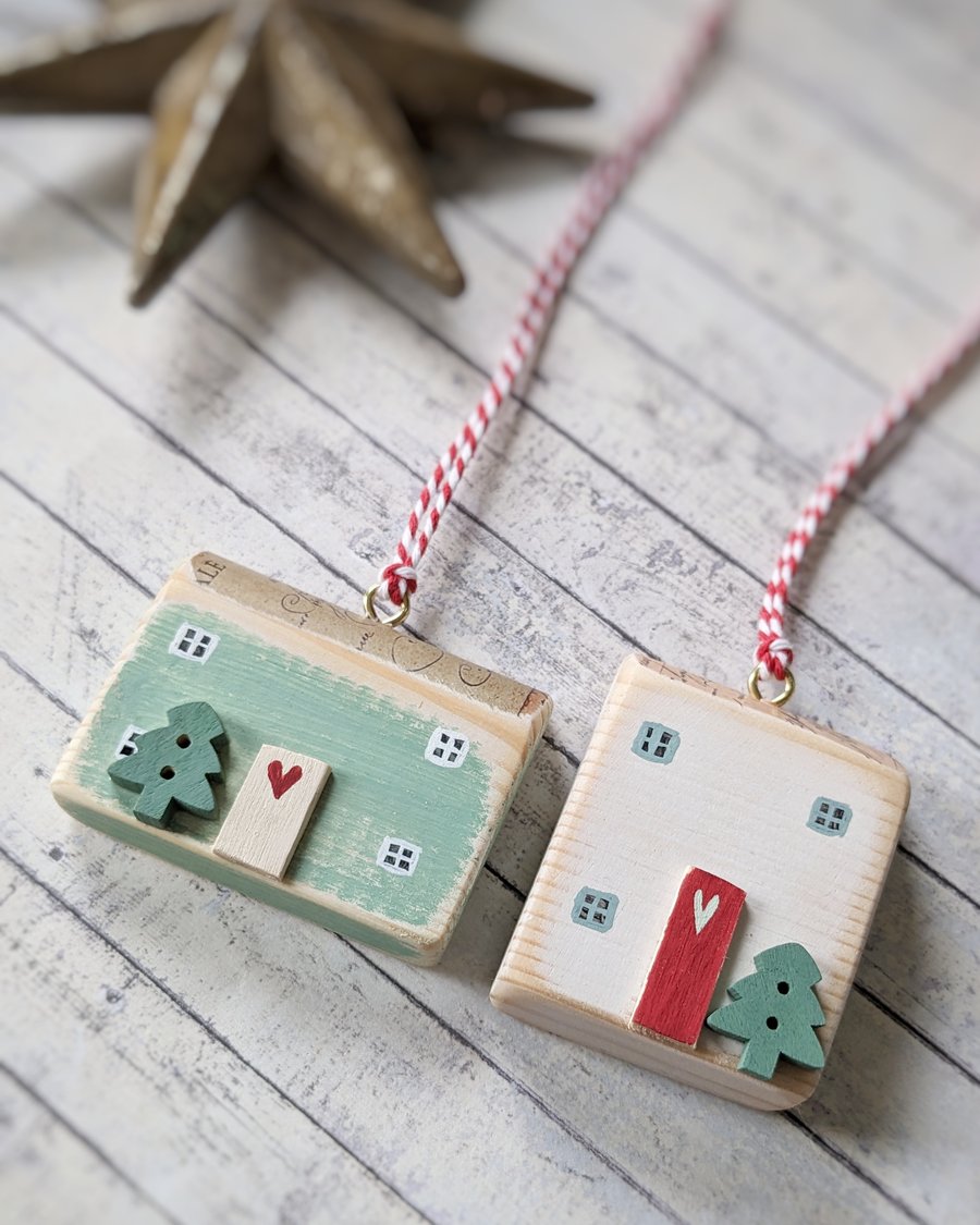 Set of 2 Wooden Christmas House Hanging Decorations