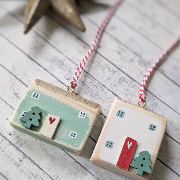 Set of 2 Wooden Christmas House Hanging Decorations