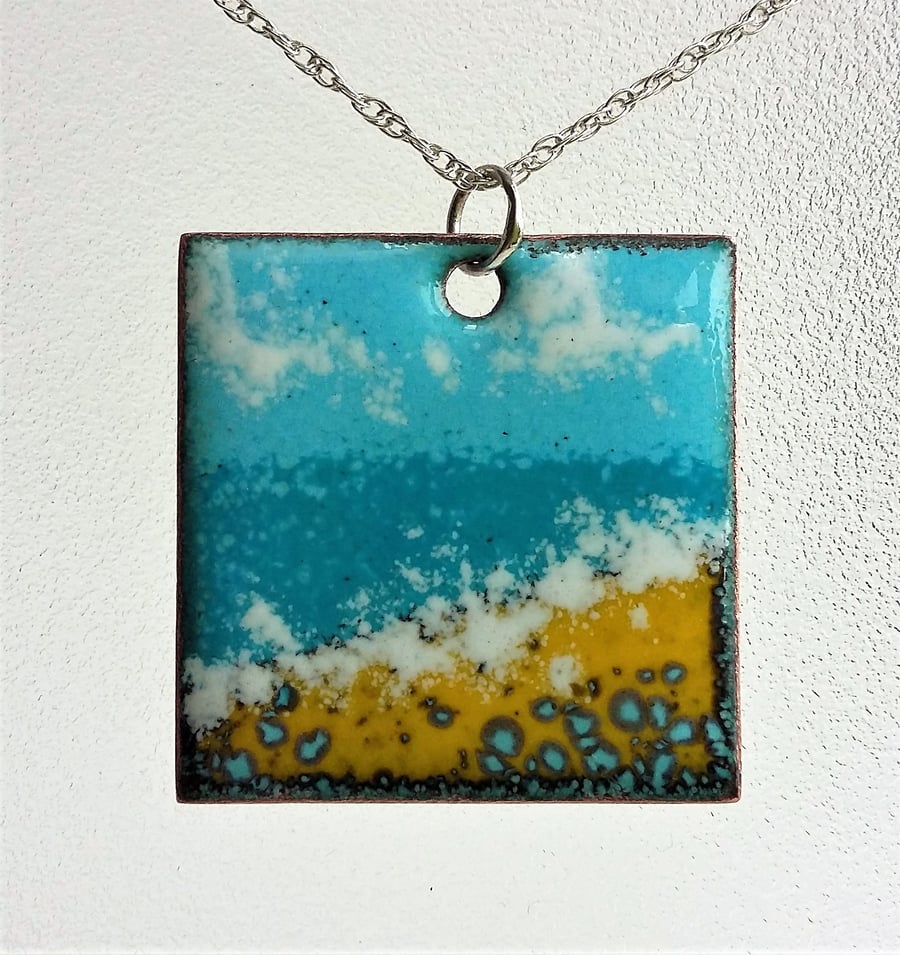 Square “Seascape” enamelled copper pendant 161