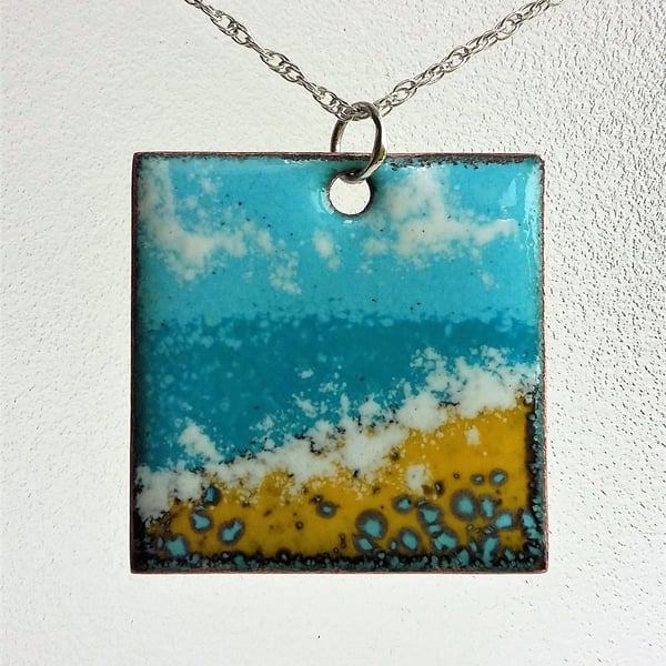 Square “Seascape” enamelled copper pendant 161