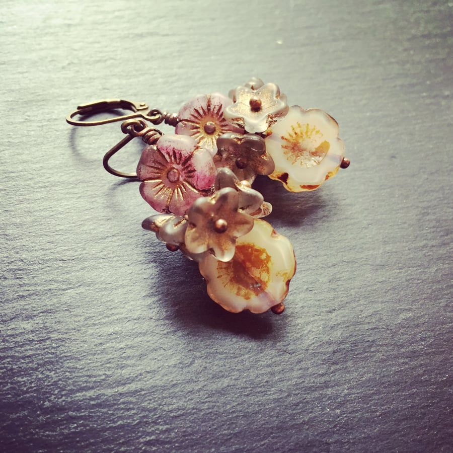 Czech Floral Cluster Earrings Vintage Style Pinks