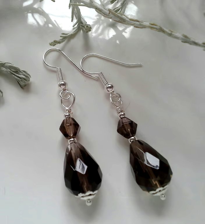 Faceted Natural Smokey Quartz Earrings  Silver Plated