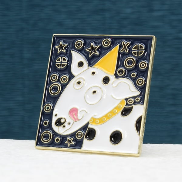 Dog badge, brooch, lapel pin. Contemporary jeweller designed cold enamel pin.