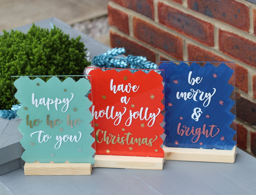 Set of 3 happy holly jolly merry Christmas 15x20cm A5 Acrylic SIGNS home decor