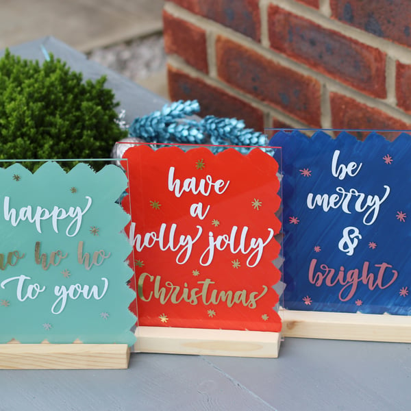 Set of 3 happy holly jolly merry Christmas 15x20cm A5 Acrylic SIGNS home decor