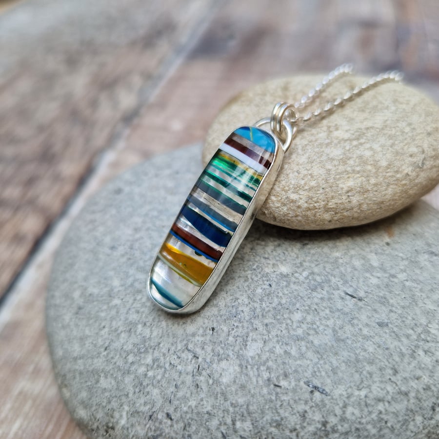 Sterling Silver and Surfite Colourful Stripey Pendant Necklace