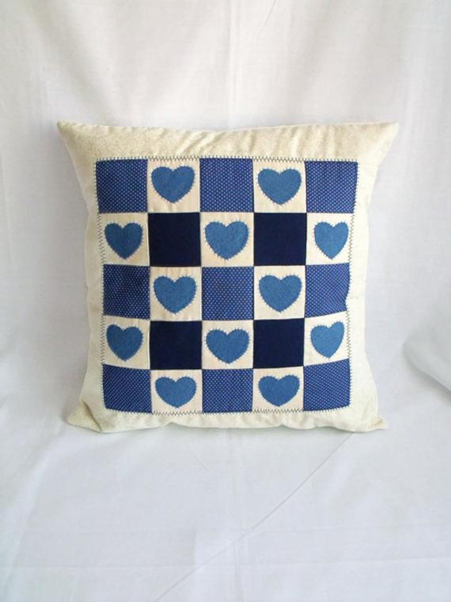 denim applique patchwork cushion cover, blue quilted hearts pillow slip, 16 x 16