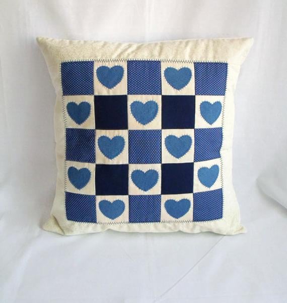 denim applique patchwork cushion cover, blue quilted hearts pillow slip, 16 x 16