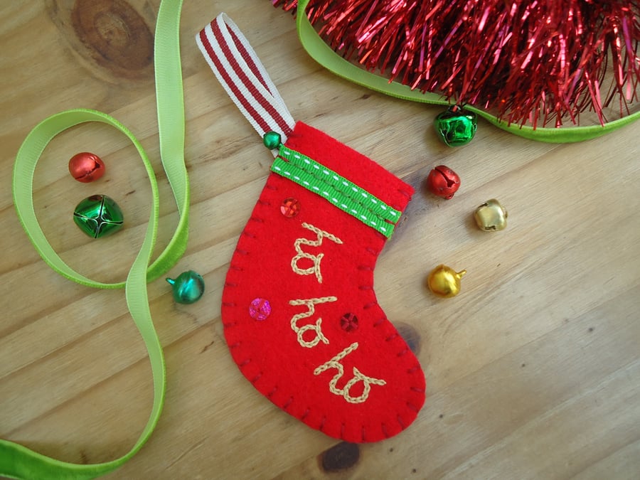 Mini Christmas Stocking Decoration, Tiny Green Bell