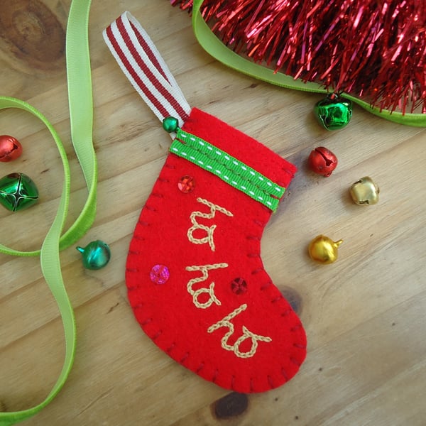 Mini Christmas Stocking Decoration, Tiny Green Bell