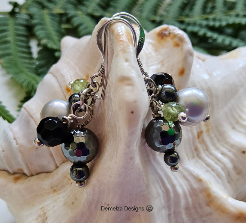 Huggie Pearls, Onyx, Peridot & Heamotite Silver Earrings 