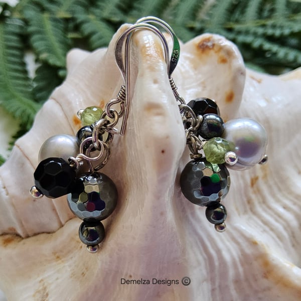 Huggie Pearls, Onyx, Peridot & Heamotite Silver Earrings 