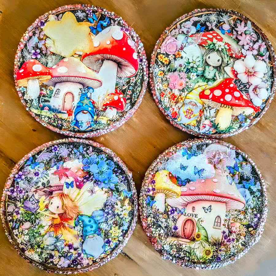 Magical fairy, toadstool houses and gnomes set of 4 coasters