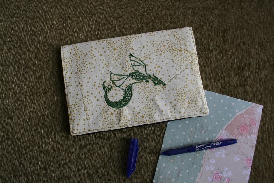 Notebook Journal embroidered with a celtic knot style green dragon. Diary cover