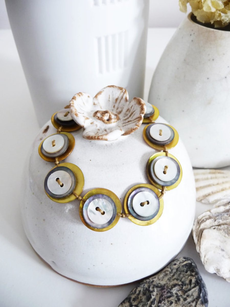Bright and Shiny Yellow Coloured Shell Buttons Handmade Adjustable Bracelet