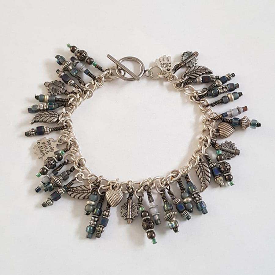 Eclectic Blue Beaded Charm Bracelet with 37 Handmade Dangles