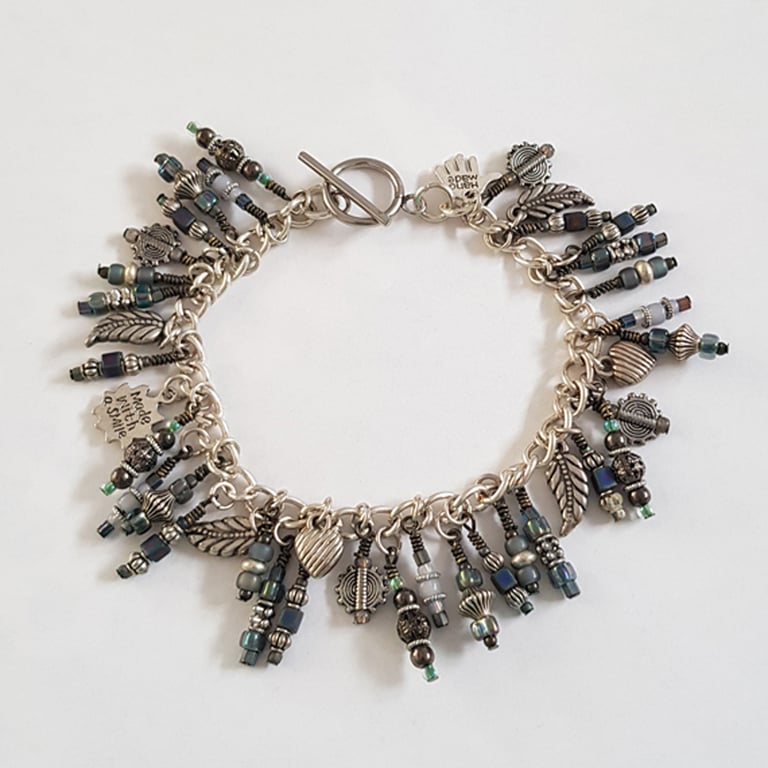 Eclectic Blue Beaded Charm Bracelet with 37 Handmade Dangles