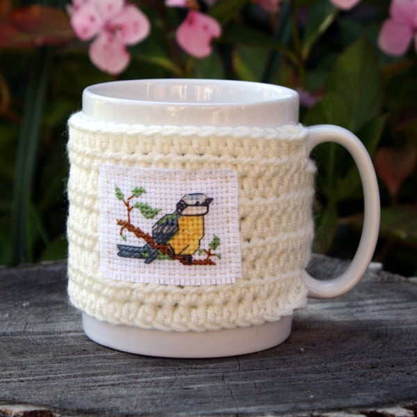 Blue Tit Mug Cosy, Cross stitch and Crochet Mug Hug