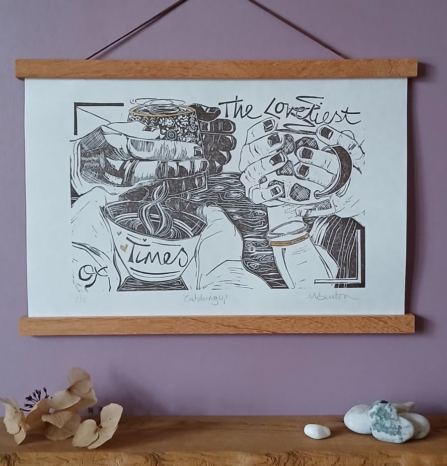 'Catching Up', Linocut Print with Metal Leaf Detail