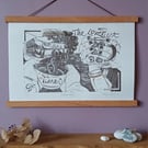 'Catching Up', Linocut Print with Metal Leaf Detail