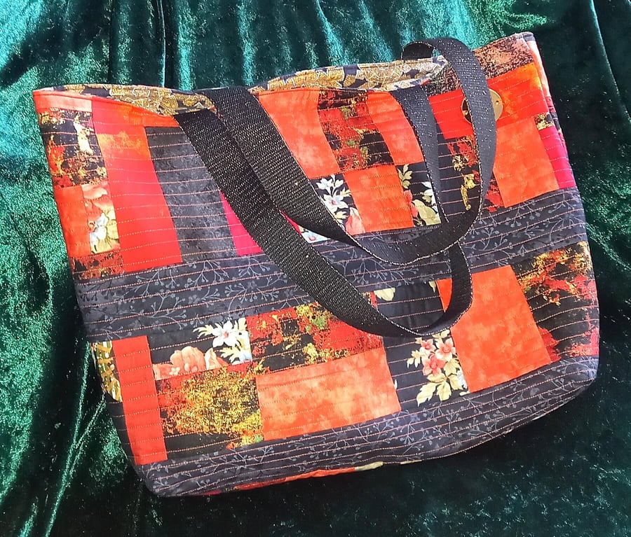 Orange and Black Handmade Quilted Patchwork Tote Bag