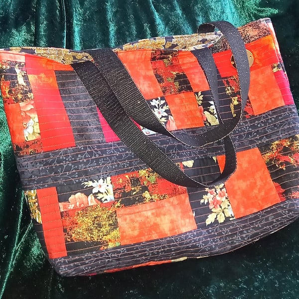 Orange and Black Handmade Quilted Patchwork Tote Bag