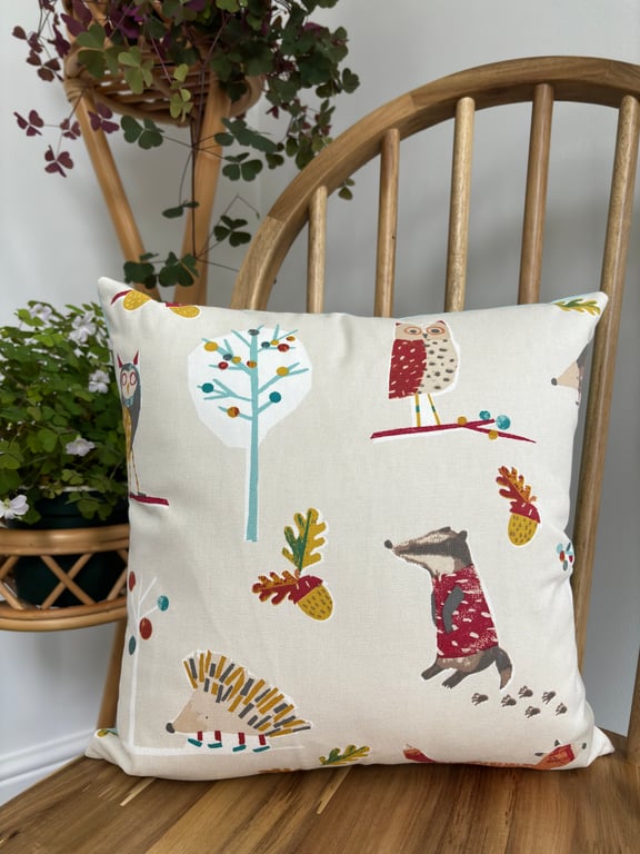 Cushion cover in fun forest animal print, 36cm x 36cm 