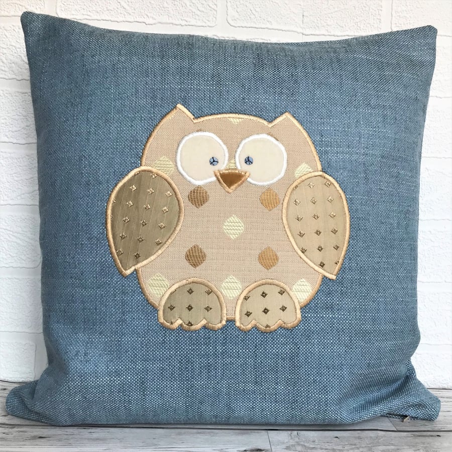 SALE, Owl cushion in blue with gold applique owl