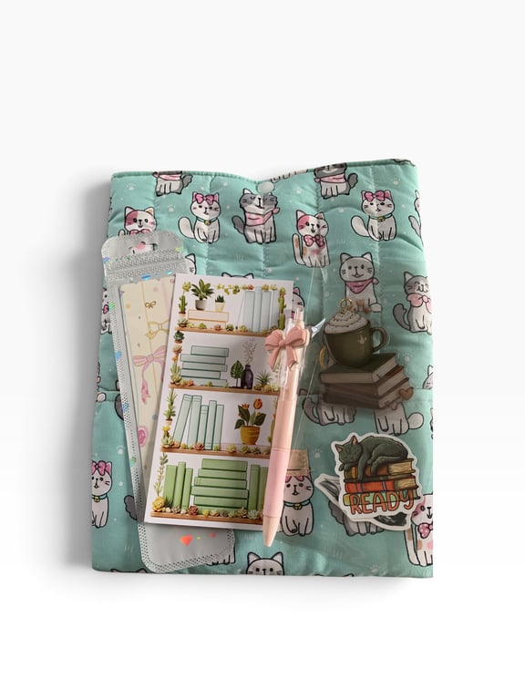 Cute Kitty Reader Gift Set.  Medium Handmade Book Sleeve with Accessories.