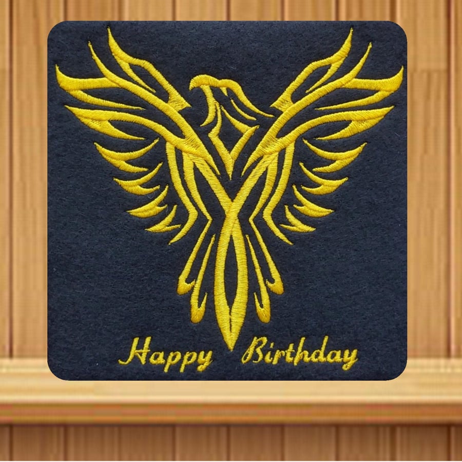 Phoenix Rising  Happy Birthday Card. Handmade embroidered design