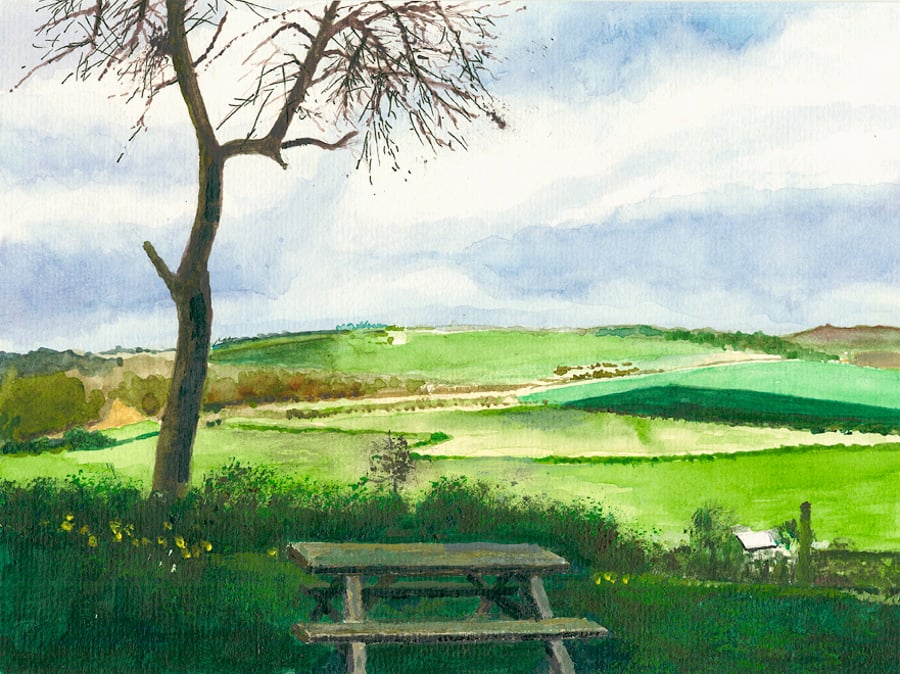 View from Priddy viewing point. The Mendips, Giclee print copy of original art