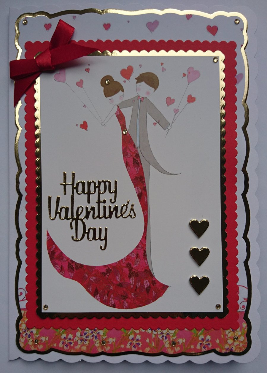 Happy Valentine's Day Chic Couple Love Heart Balloons 3D Luxury Handmade Card 