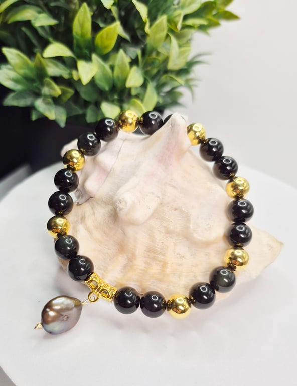 olden Obsidian Stretch Bracelet with Freshwater Coin Pearl and Gold Plated Sterl