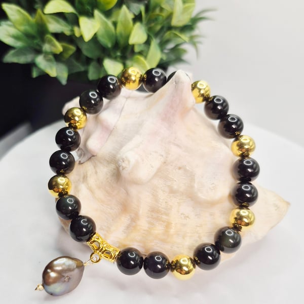 olden Obsidian Stretch Bracelet with Freshwater Coin Pearl and Gold Plated Sterl