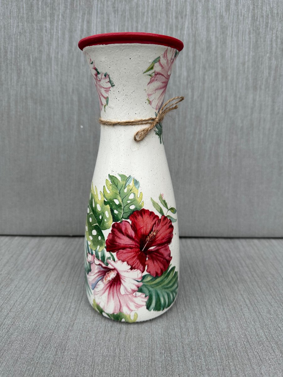 Decoupage Glass Vase , Red Hibiscus  ,Home gift ,Red Green , Floral ,Mothers Day