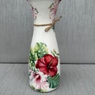 Decoupage Glass Vase , Red Hibiscus  ,Home gift ,Red Green , Floral ,Mothers Day