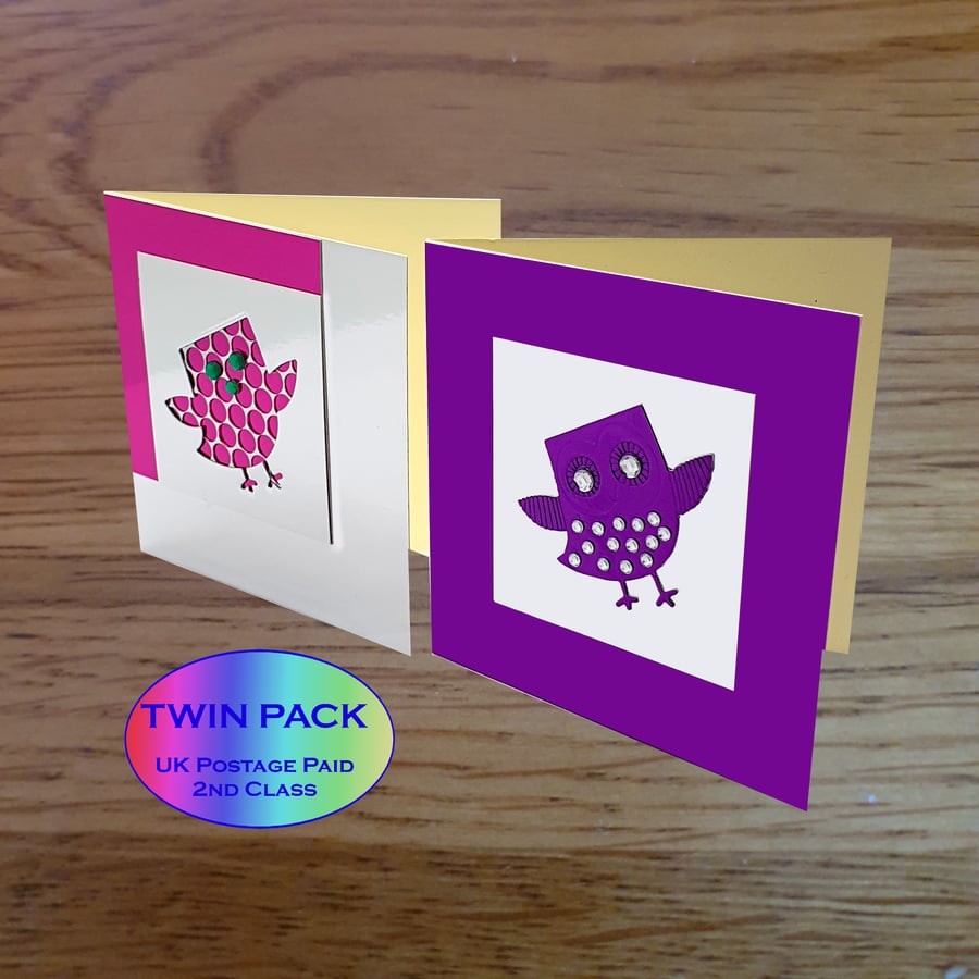 Twin Pack Reflective Owl Design Decorated Cards 4 x 4 (10cm x 10cm) 